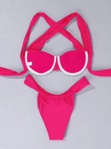 SHEIN Swim Summer Beach Ruched Underwire Bikini Top - Hot Pink - View 2
