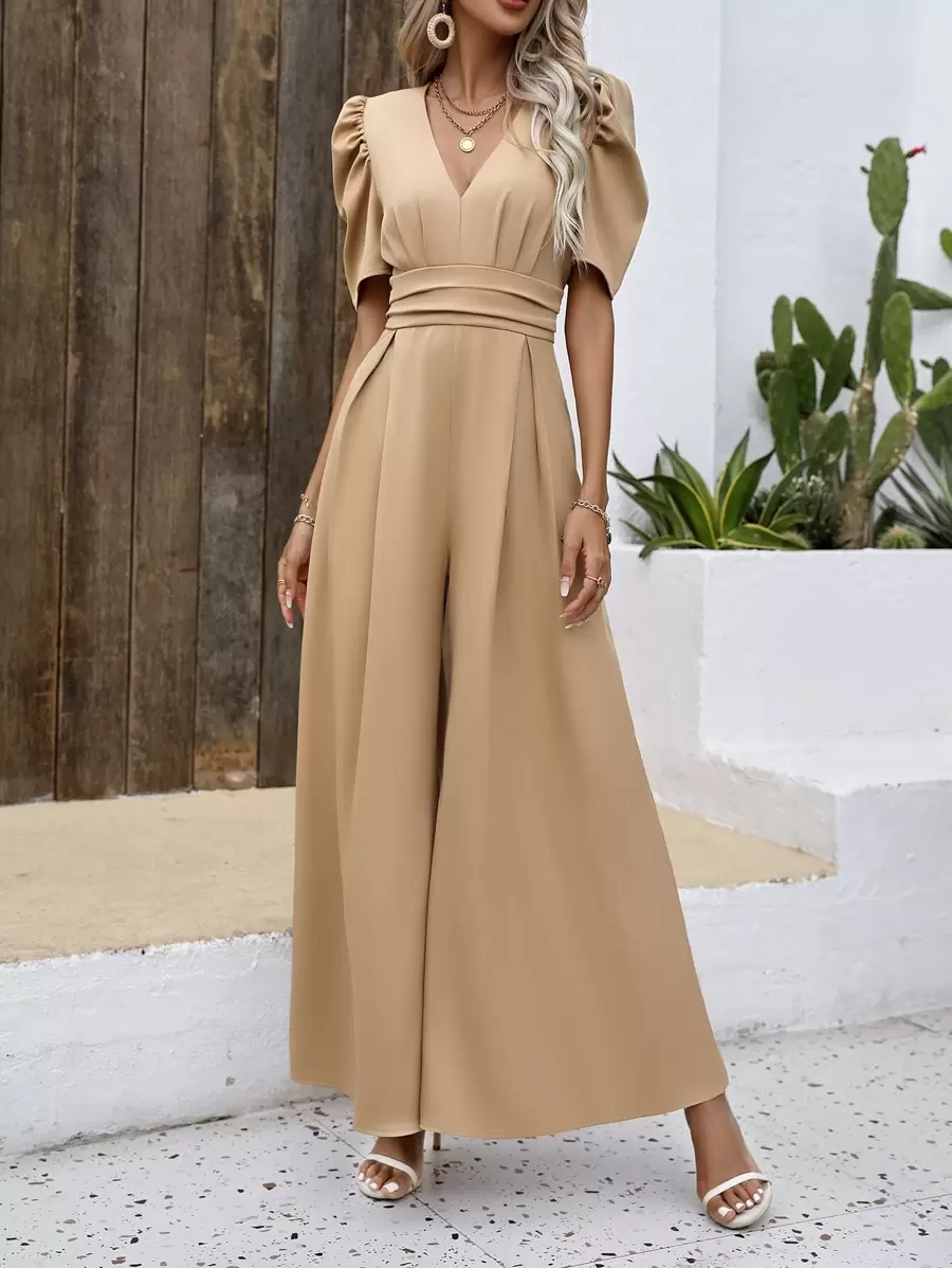 SHEIN VCAY Puff Sleeve Wide Leg Jumpsuit - Khaki - View 1