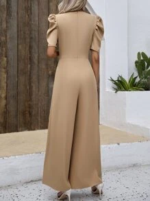 SHEIN VCAY Puff Sleeve Wide Leg Jumpsuit - Khaki - View 2