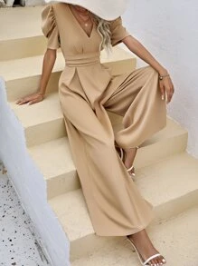 SHEIN VCAY Puff Sleeve Wide Leg Jumpsuit - Khaki - View 6