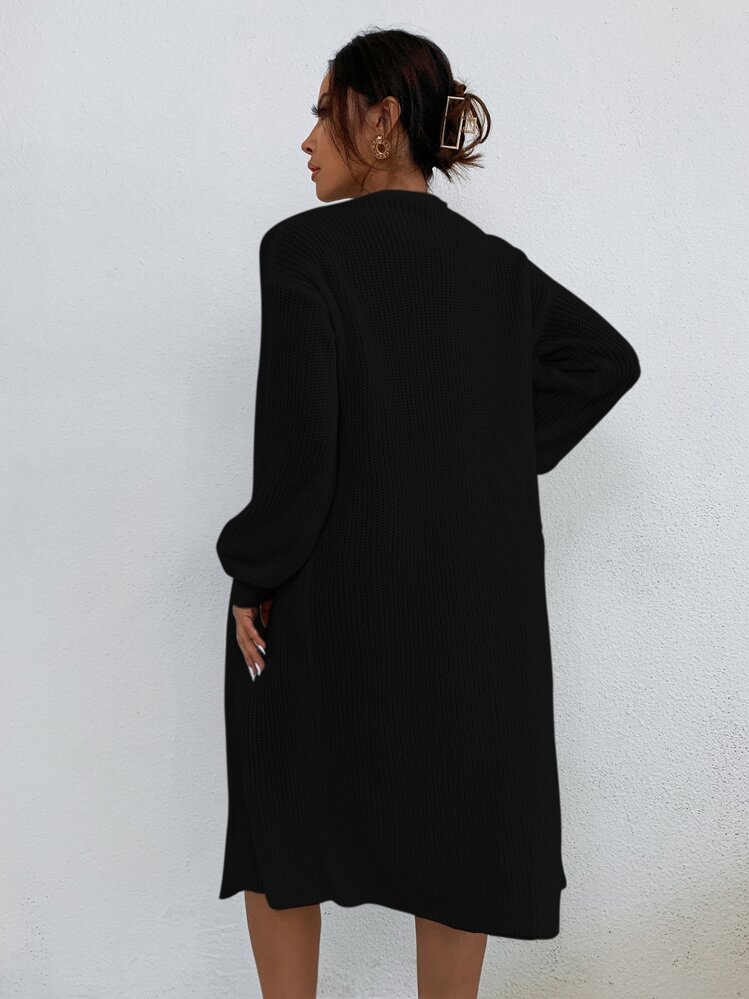 EMERY ROSE Solid Drop Shoulder Cardigan,Long Sleeve Tops Fall Winter Cloth For Women - Black - View 2