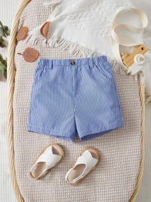 SHEIN Baby Boy Striped Print Slant Pocket Shorts - Blue and White - View 1