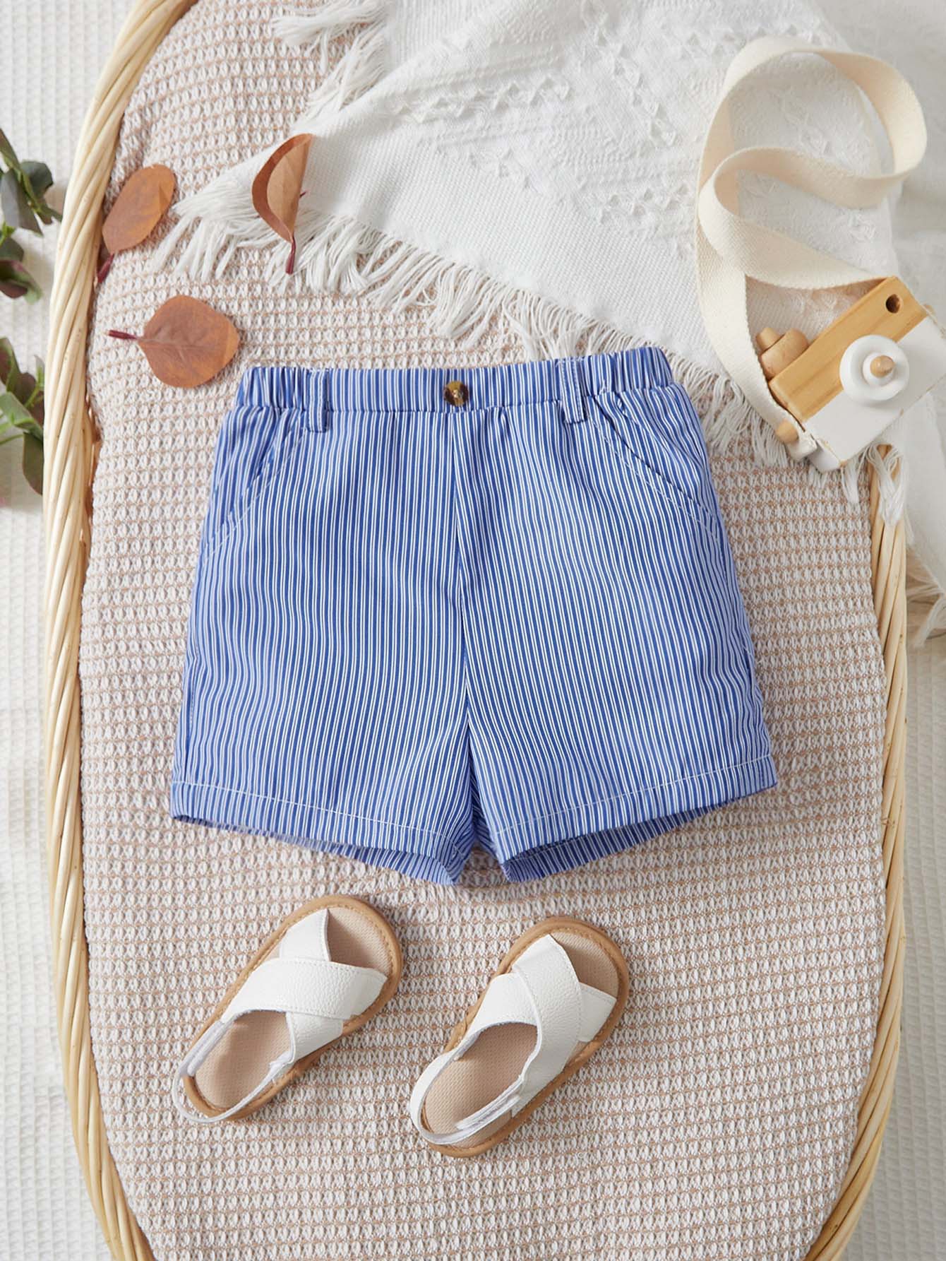 SHEIN Baby Boy Striped Print Slant Pocket Shorts - Blue and White - View 1