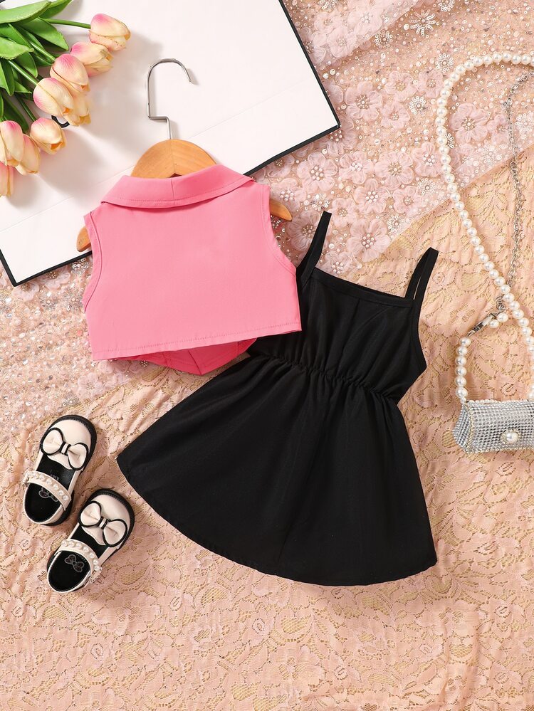 Baby Solid Cami Dress & Waterfall Collar Jacket