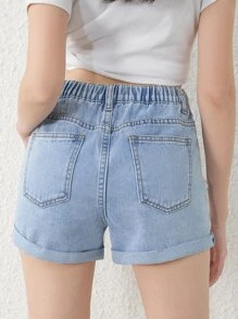SHEIN Teen Girls Ripped Roll Up Hem Denim Shorts - Light Wash - View 2