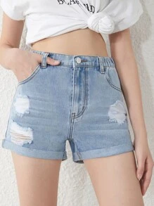 SHEIN Teen Girls Ripped Roll Up Hem Denim Shorts - Light Wash - View 4
