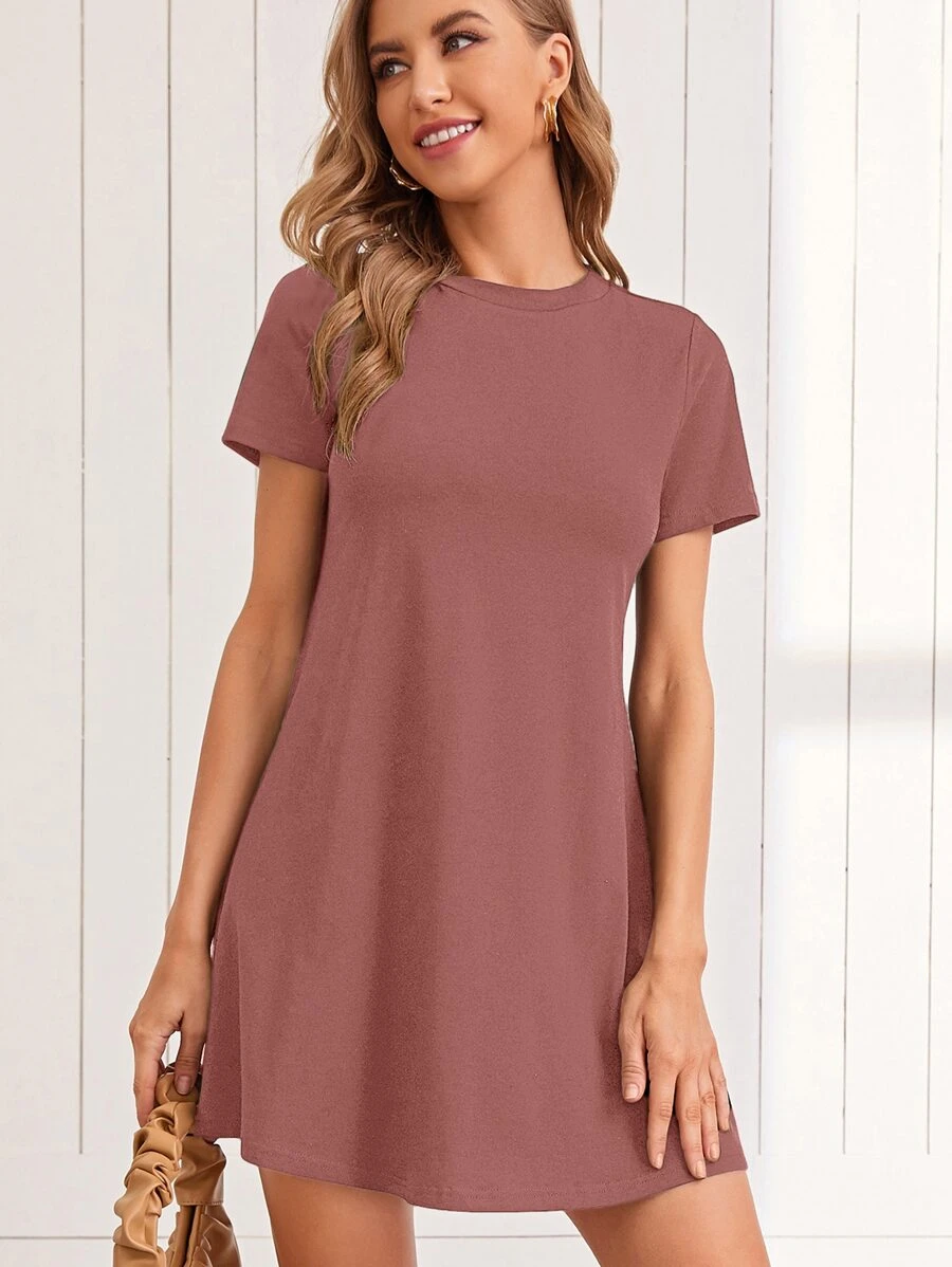 SHEIN LUNE Solid Tee Dress - Dusty Pink - View 1