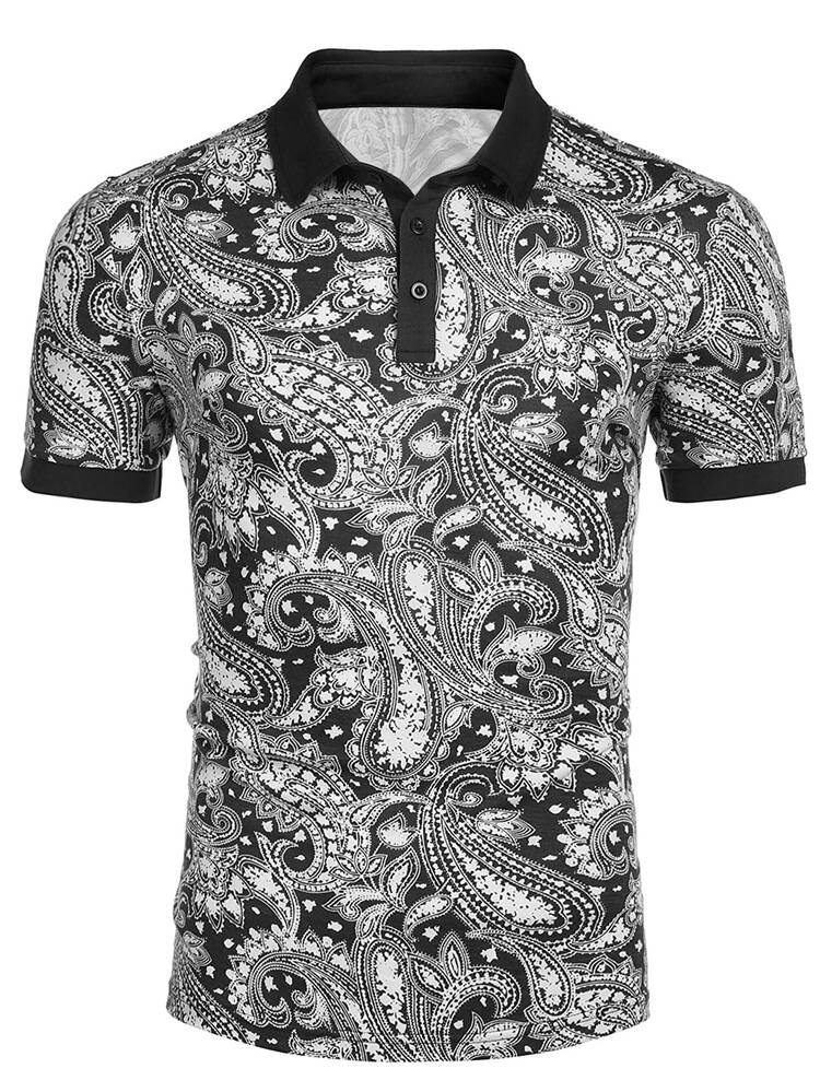 Men Paisley Print Polo Shirt - Black and White - View 3