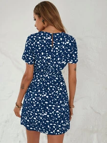SHEIN LUNE Allover Print Knot Side Wrap Hem Dress - Blue and White - View 2