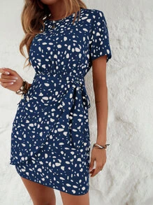 SHEIN LUNE Allover Print Knot Side Wrap Hem Dress - Blue and White - View 1