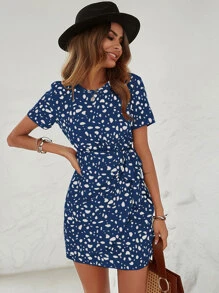 SHEIN LUNE Allover Print Knot Side Wrap Hem Dress - Blue and White - View 3