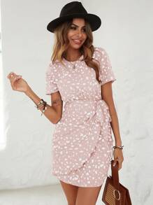 SHEIN LUNE 斑點印花側打結圍裹連衣裙 - 淺粉色 - 查看 4