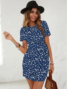 SHEIN LUNE Allover Print Knot Side Wrap Hem Dress - Blue and White - View 6