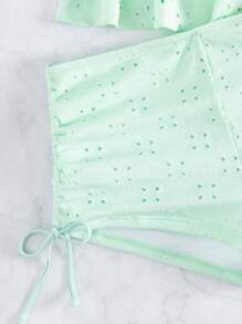 SHEIN Swim 網眼刺繡坦基尼套裝貝殼邊提臀吊帶上衣和抽繩短褲2入組泳衣