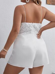 SHEIN Privé Jumpsuits Plus Size Lộ Lưng Tương phản ren Dây kéo màu trơn Thanh lịch - trắng - Xem 2