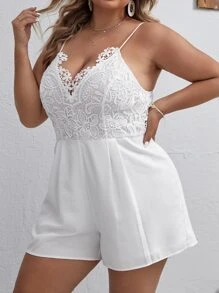 SHEIN Privé Jumpsuits Plus Size Lộ Lưng Tương phản ren Dây kéo màu trơn Thanh lịch - trắng - Xem 3