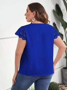 SHEIN Clasi Plus Guipure Lace Sleeve Scallop Trim Blouse - Royal Blue - View 2