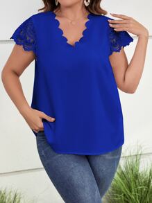 SHEIN Clasi Plus Guipure Lace Sleeve Scallop Trim Blouse - Royal Blue - View 3