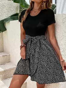 INAWLY Robe Ceinturée Imprimé Végétale
