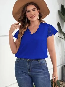 SHEIN Clasi Plus Guipure Lace Sleeve Scallop Trim Blouse - Royal Blue - View 4