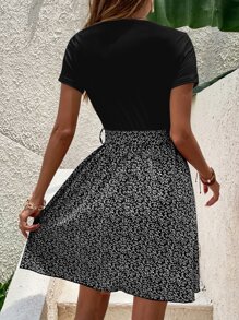 INAWLY Robe Ceinturée Imprimé Végétale