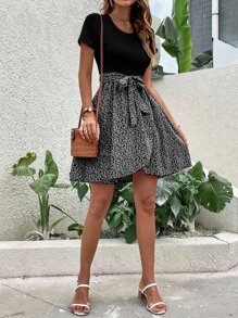 INAWLY Robe Ceinturée Imprimé Végétale