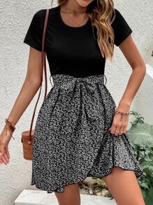 INAWLY Robe Ceinturée Imprimé Végétale