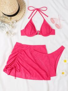 夏季沙灘比基尼鋼圈套裝配沙灘裙 - 玫紅色 - 查看 1