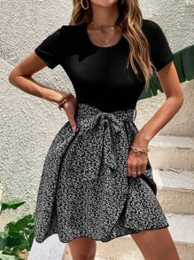 INAWLY Robe Ceinturée Imprimé Végétale