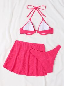 夏季沙灘比基尼鋼圈套裝配沙灘裙 - 玫紅色 - 查看 4