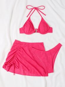 夏季沙灘比基尼鋼圈套裝配沙灘裙 - 玫紅色 - 查看 5