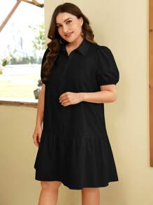 SHEIN VCAY Vestido smock de manga farol bajo con fruncido - Negro - Ver 5