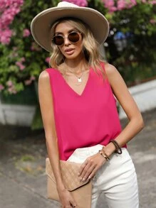SHEIN LUNE Solid V Neck Sleeveless Blouse - Hot Pink - View 1
