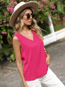 SHEIN LUNE Solid V Neck Sleeveless Blouse - Hot Pink - View 3