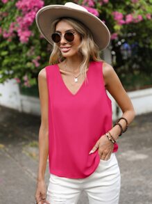SHEIN LUNE Solid V Neck Sleeveless Blouse - Hot Pink - View 4