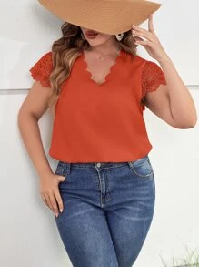 SHEIN Clasi 大碼拼接水溶蕾絲貝殼邊襯衫 - 亮橙色 - 查看 1