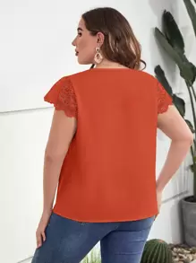 SHEIN Clasi 大碼拼接水溶蕾絲貝殼邊襯衫 - 亮橙色 - 查看 2