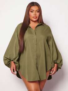 SHEIN SXY Áo sơ mi Plus Size Nút phía trước màu trơn Giải trí - xanh quân đội - Xem 1