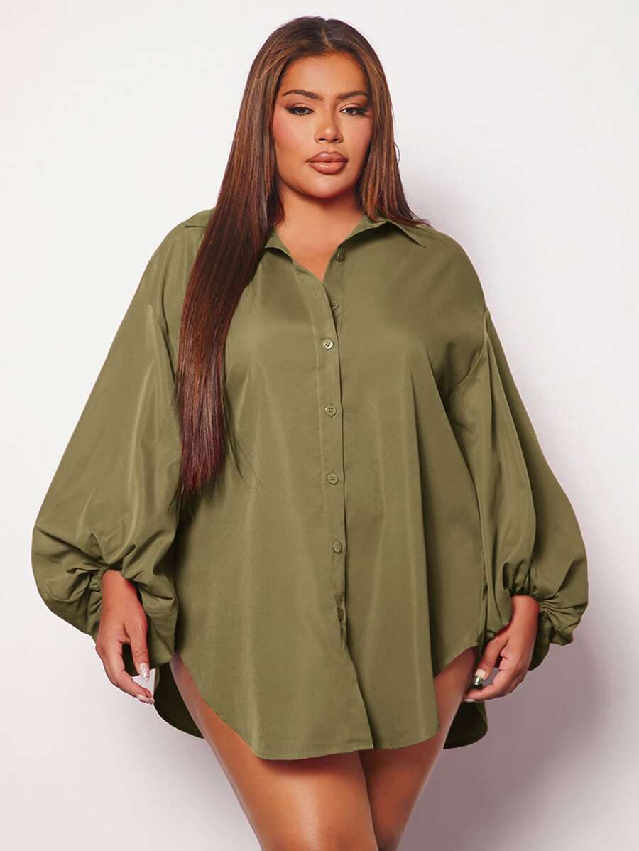 SHEIN SXY Áo sơ mi Plus Size Nút phía trước màu trơn Giải trí - xanh quân đội - Xem 1
