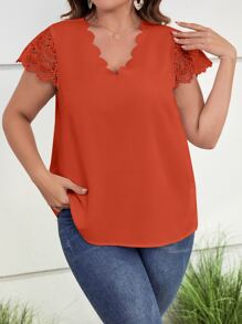 SHEIN Clasi 大碼拼接水溶蕾絲貝殼邊襯衫 - 亮橙色 - 查看 3