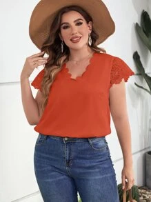 SHEIN Clasi 大碼拼接水溶蕾絲貝殼邊襯衫 - 亮橙色 - 查看 4