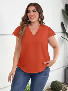 SHEIN Clasi 大碼拼接水溶蕾絲貝殼邊襯衫 - 亮橙色 - 查看 5