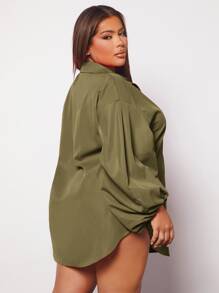 SHEIN SXY Áo sơ mi Plus Size Nút phía trước màu trơn Giải trí - xanh quân đội - Xem 3