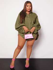 SHEIN SXY Áo sơ mi Plus Size Nút phía trước màu trơn Giải trí - xanh quân đội - Xem 4