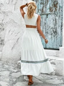 SHEIN VCAY Contrast Lace Cut Out Waist Ruffle Hem Dress - White - View 4