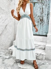 SHEIN VCAY Contrast Lace Cut Out Waist Ruffle Hem Dress - White - View 1