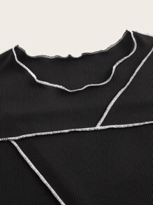 SHEIN ICON 拼接頂針木耳邊T恤 - 黑色 - 查看 5