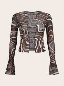 SHEIN ICON Marble Print Flounce Sleeve Mesh Top - Brown - View 1