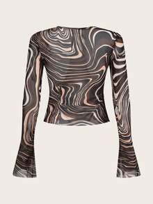 SHEIN ICON Marble Print Flounce Sleeve Mesh Top - Brown - View 2
