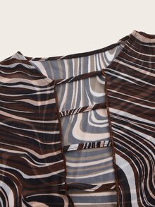 SHEIN ICON Marble Print Flounce Sleeve Mesh Top - Brown - View 3